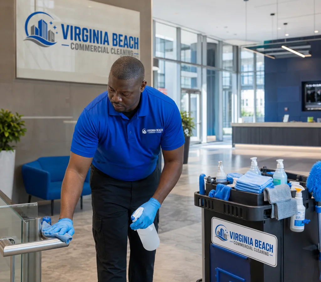 Uniformed commercial cleaner disinfecting lobby surfaces in a Virginia Beach office building