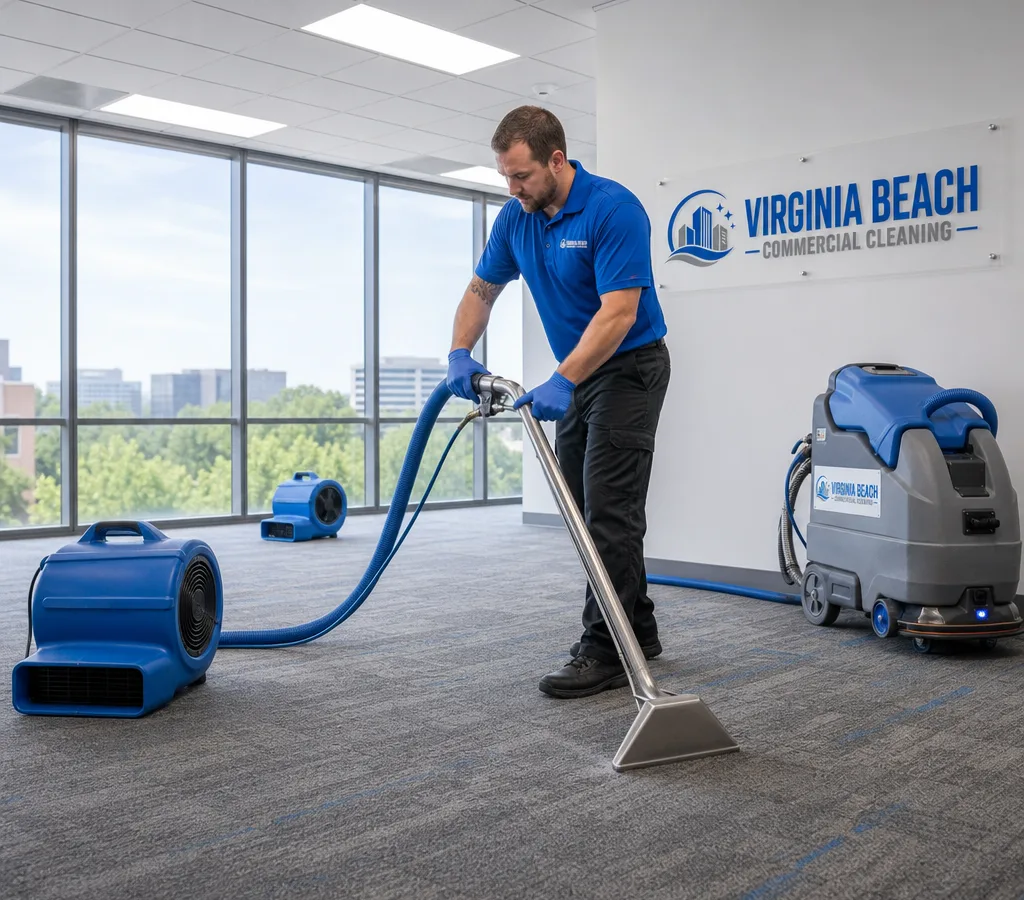 Technician using a commercial hot-water extraction wand on office carpet with air movers staged nearby