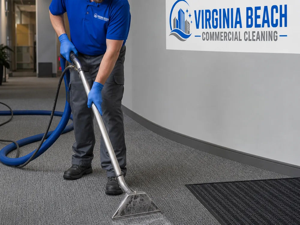 Commercial carpet extraction on a high-traffic corridor with entry matting nearby