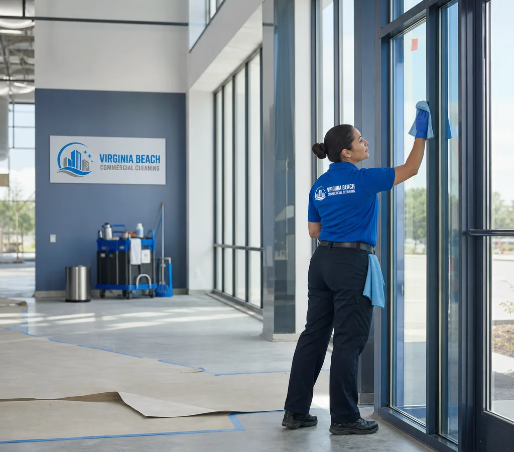 Cleaning technician detailing glass and trim in a newly completed commercial interior