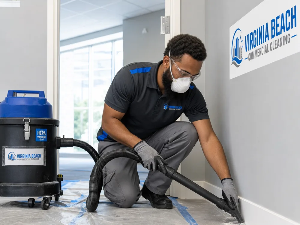 Cleaner in protective equipment vacuuming drywall dust along baseboards in a newly finished commercial suite