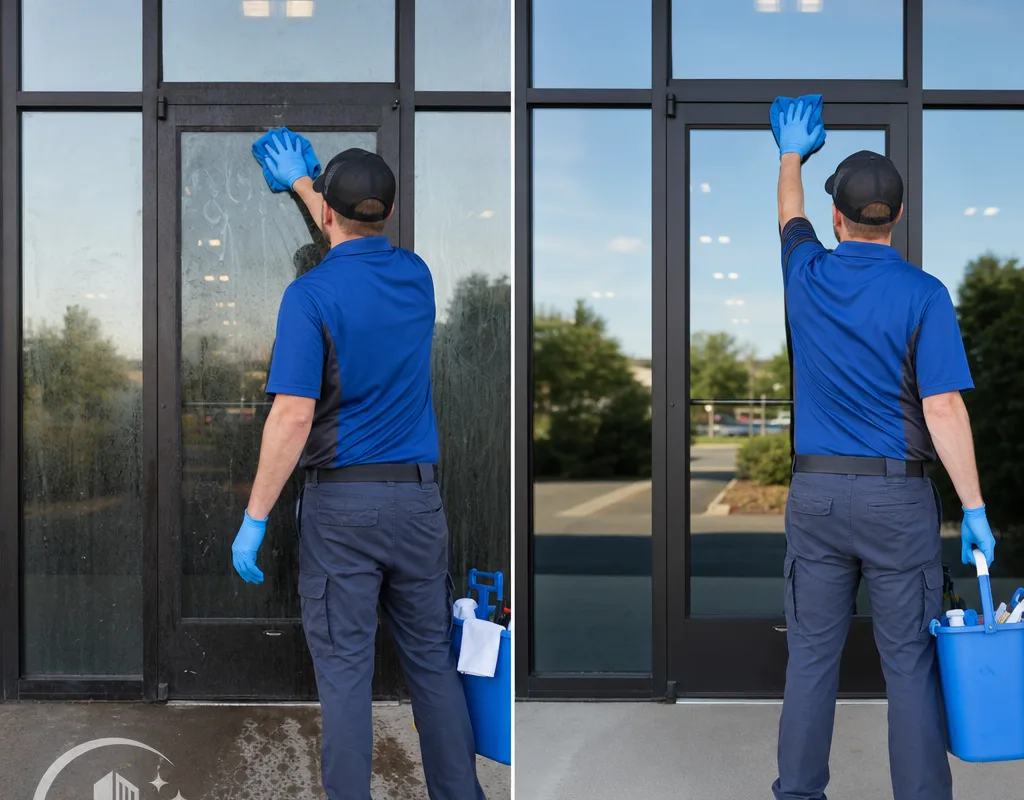 Before and after view of a storefront entry door and sidelites changing from fingerprinted and hazy to clear streak-free glass
