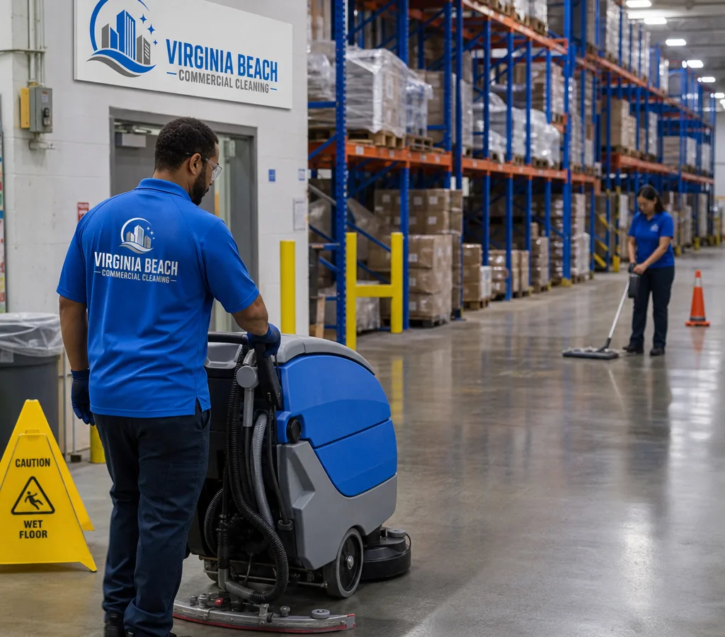 Professional cleaning team working in an active industrial facility aisle with safety cones, a floor scrubber, warehouse racking, and polished concrete floors