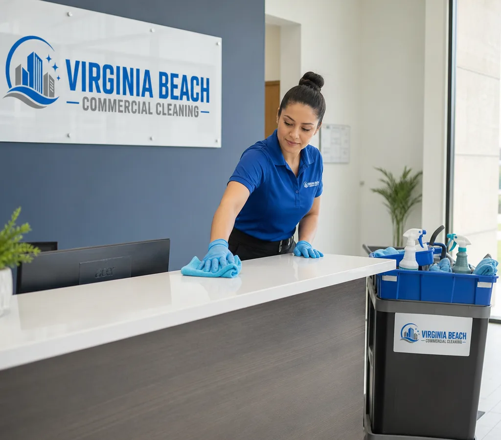 Professional cleaner disinfecting a modern office lobby reception counter with microfiber cloths and a cleaning caddy