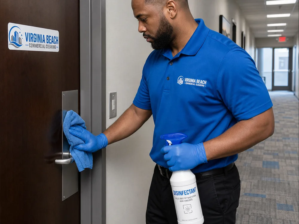 Cleaner sanitizing office hallway door hardware and a light switch with disinfectant and a microfiber cloth
