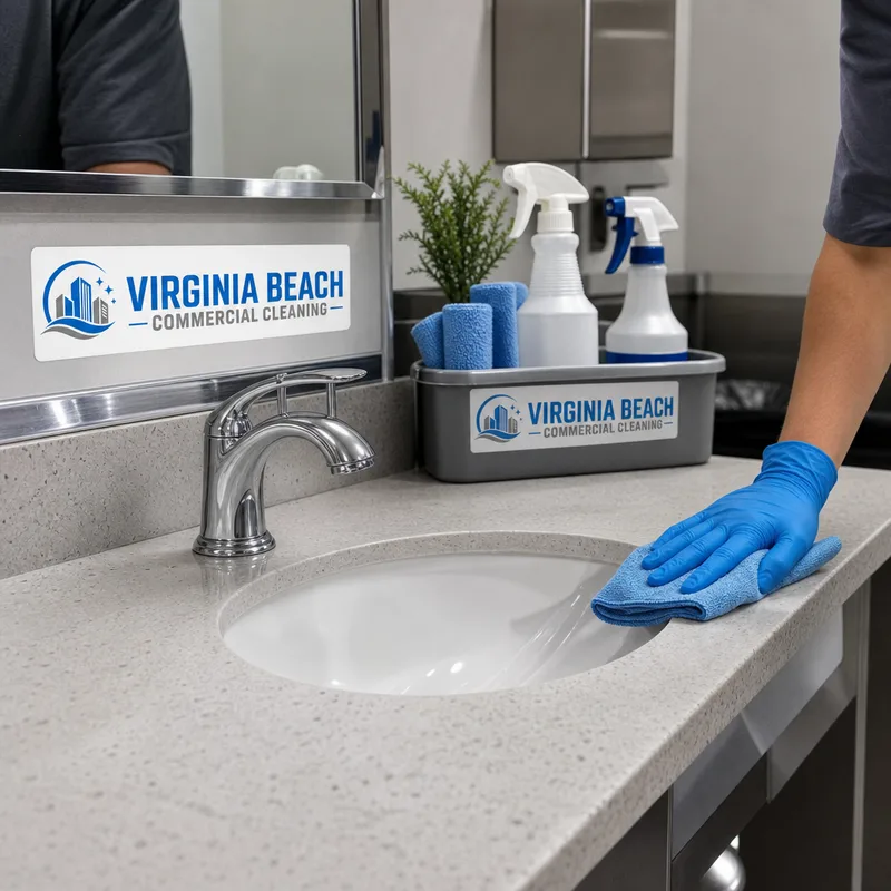 Freshly cleaned restaurant restroom sink and faucet area with a streak-free mirror, disinfected fixtures, and neatly stocked supplies
