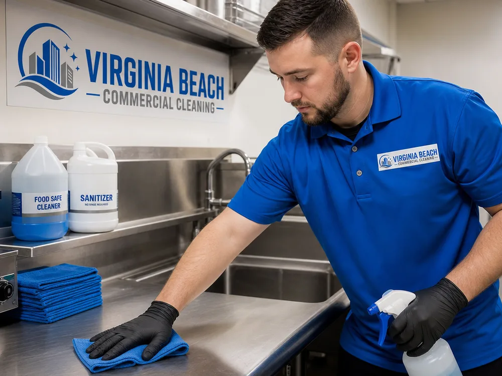 Cleaner detail-wiping a stainless prep table and sink area in a commercial kitchen with labeled cleaning products and microfiber cloths