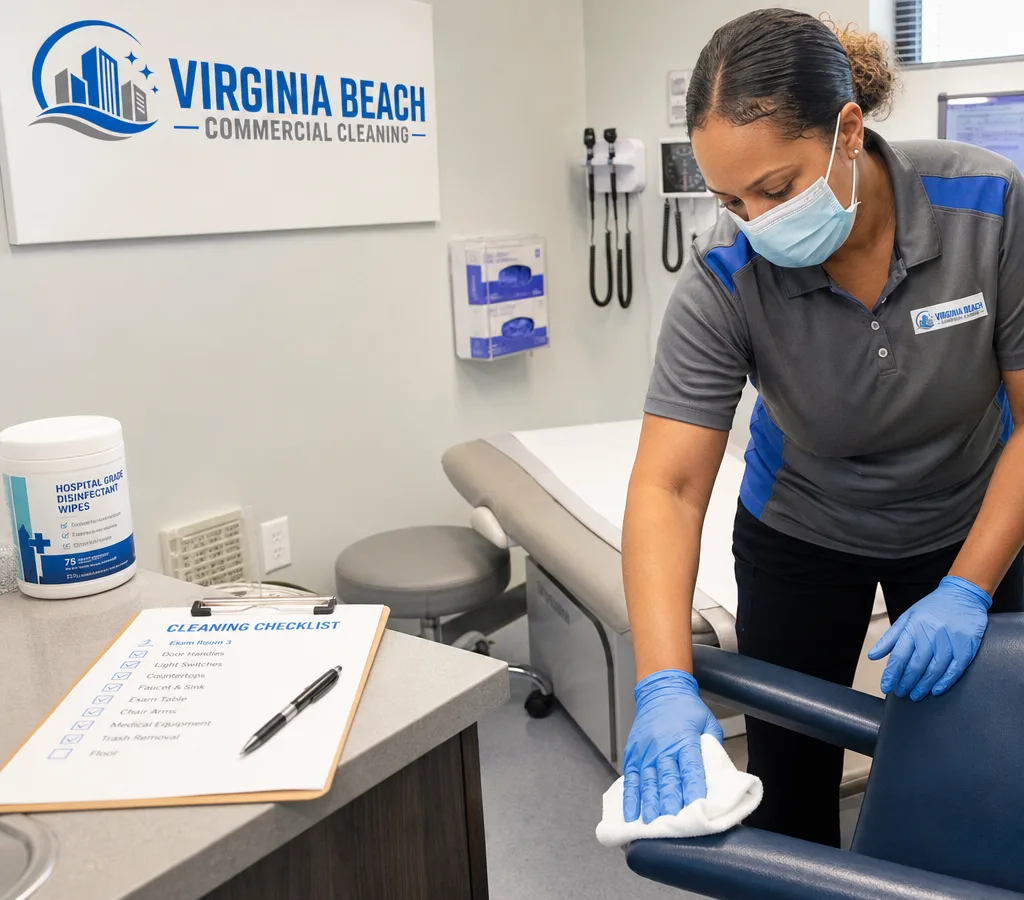 Technician in gloves and a mask disinfecting high-touch surfaces in a clinical exam room