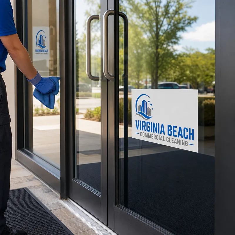 Clean glass entry doors with aligned floor mats and a vacuumed, debris-free retail entrance