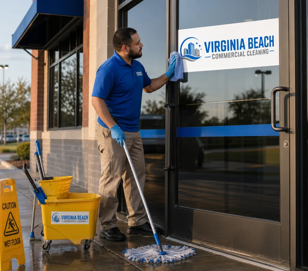 Early-morning retail cleaner mopping a glossy store entrance and spot-cleaning glass doors before opening