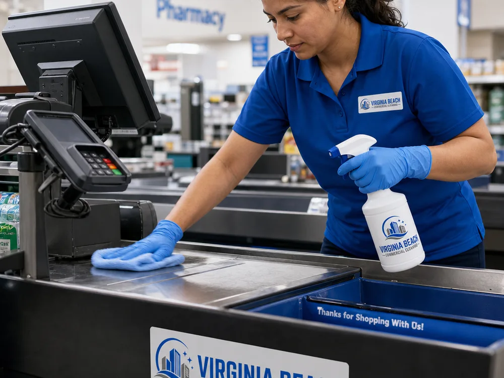 Cleaner sanitizing checkout counter edges, pin pad area, and bagging shelf in a retail store