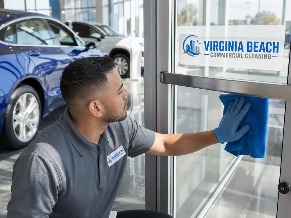 Cleaner using microfiber to remove fingerprints from showroom glass beside a spotless polished floor