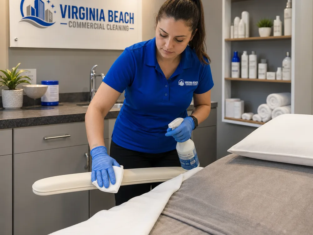 Cleaner disinfecting a spa treatment room counter and facial bed frame