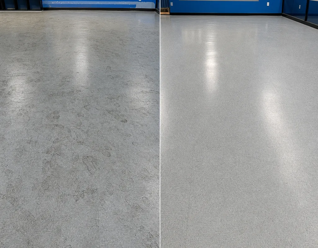 Before-and-after comparison of a vinyl studio floor with footprint film removed
