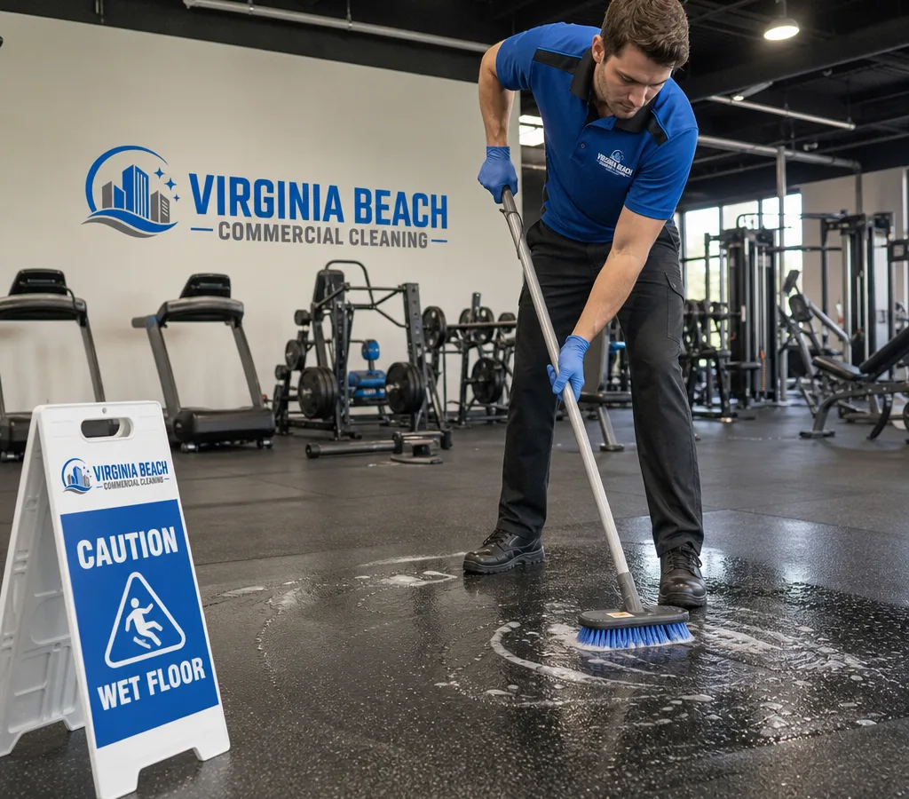 Technician wet-scrubbing a rubber gym floor in a commercial fitness center with safety signage visible