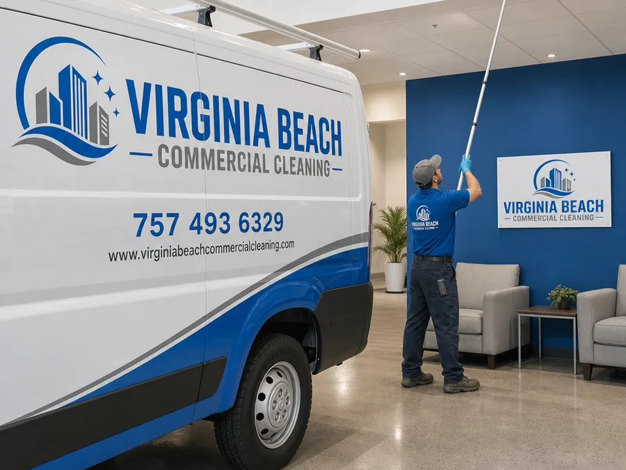 Cleaner staging entry mats and floor-care equipment at a Virginia Beach clinic entrance on a rainy day