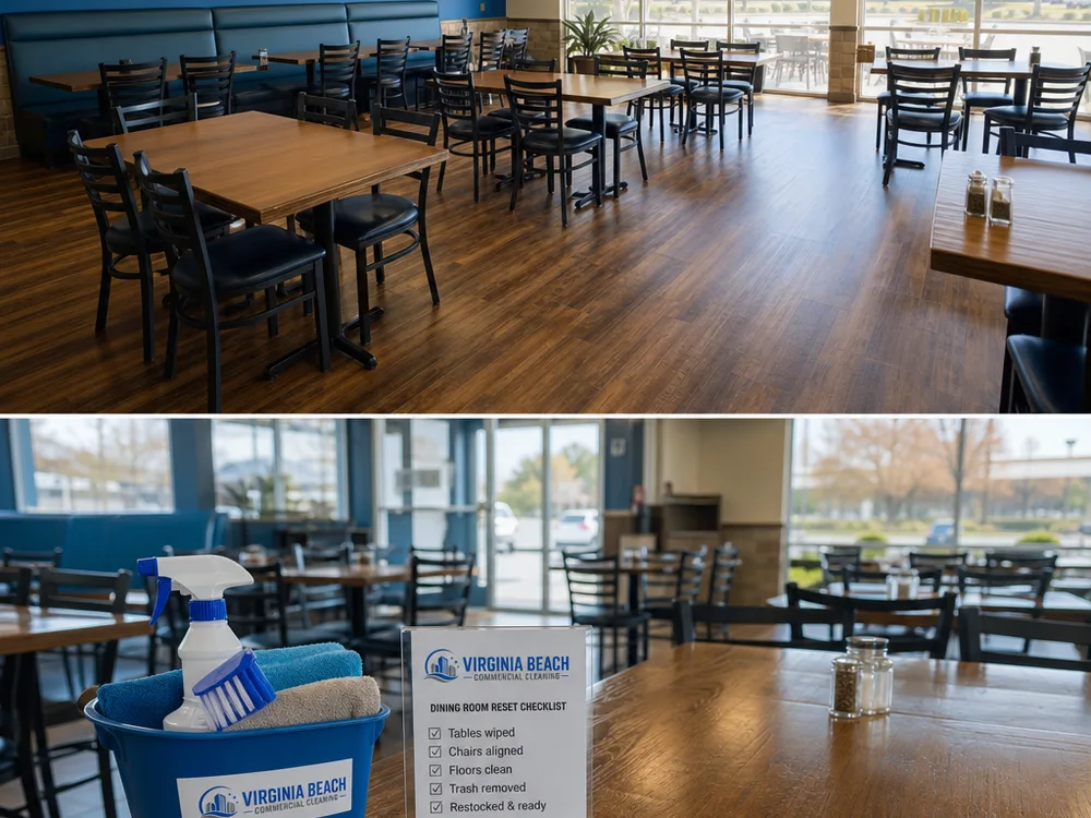Clean medical office reception area with orderly counters and streak-free floors
